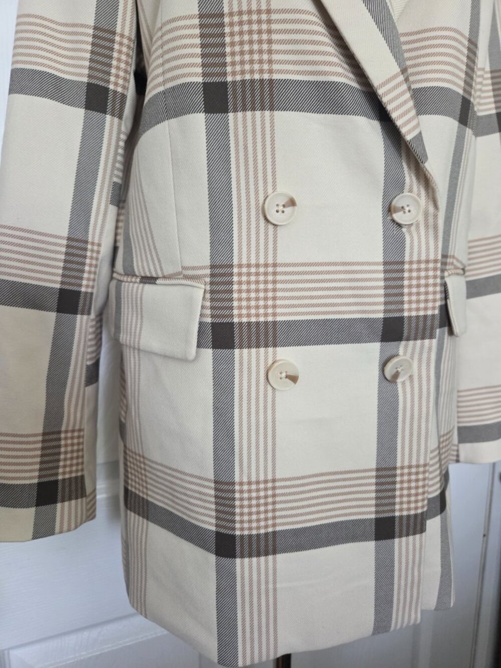 Plaid Double-Breasted Blazer Jacket in Cream - Picture 7 of 16